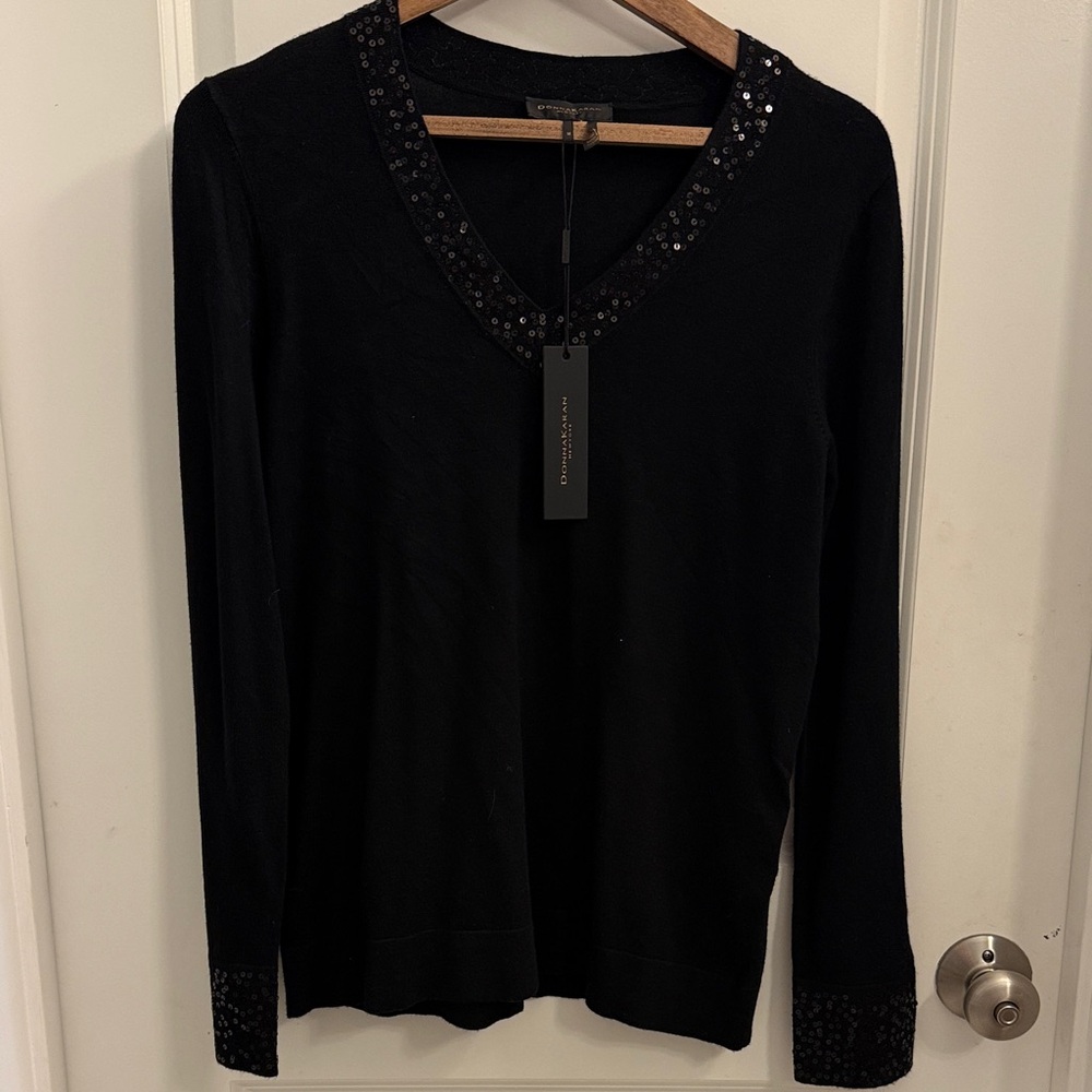 Donna Karen Black Sequin V-Neck Women's Top